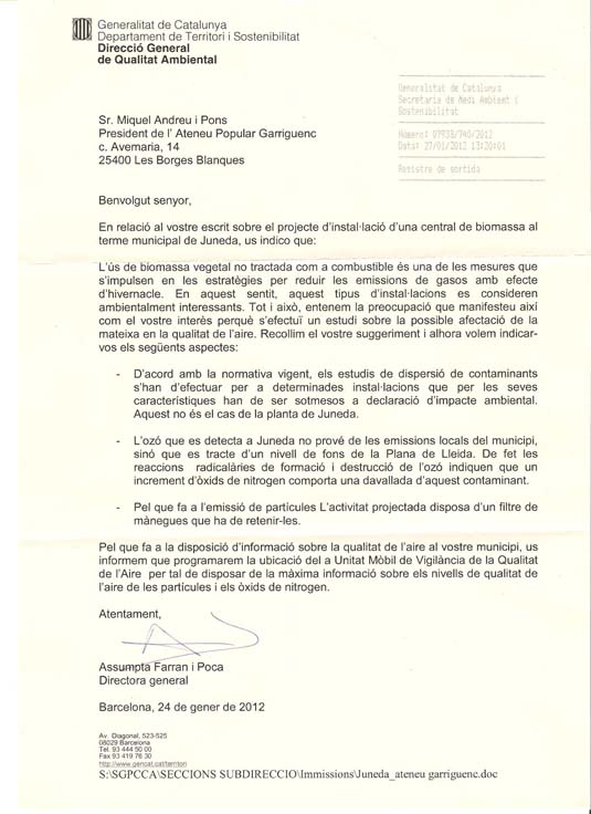 resposta de la Direcció General de Qualitat Ambiental