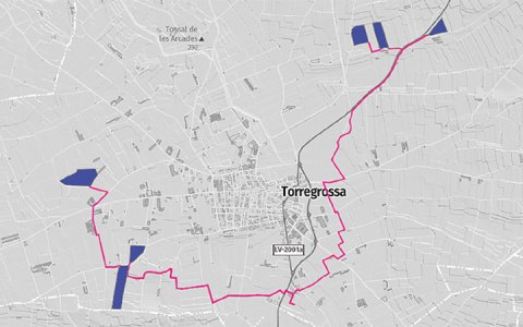 En color lila, les finques en qüestió. En rosa, la línia soterrada d'evacuació.