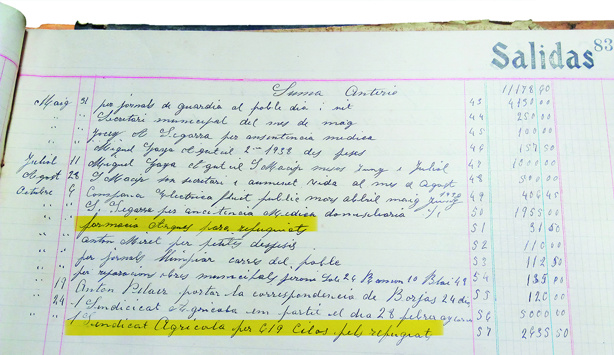 Desglossament de despeses municipals de 1938, on consten partides destinades a refugiats. (foto: M. Andreu)